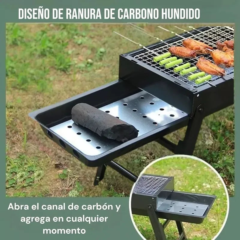 Parrilla a Carbón Plegable Portátil 60x22cm AS853 - Tipo Maletín para Camping y Asados