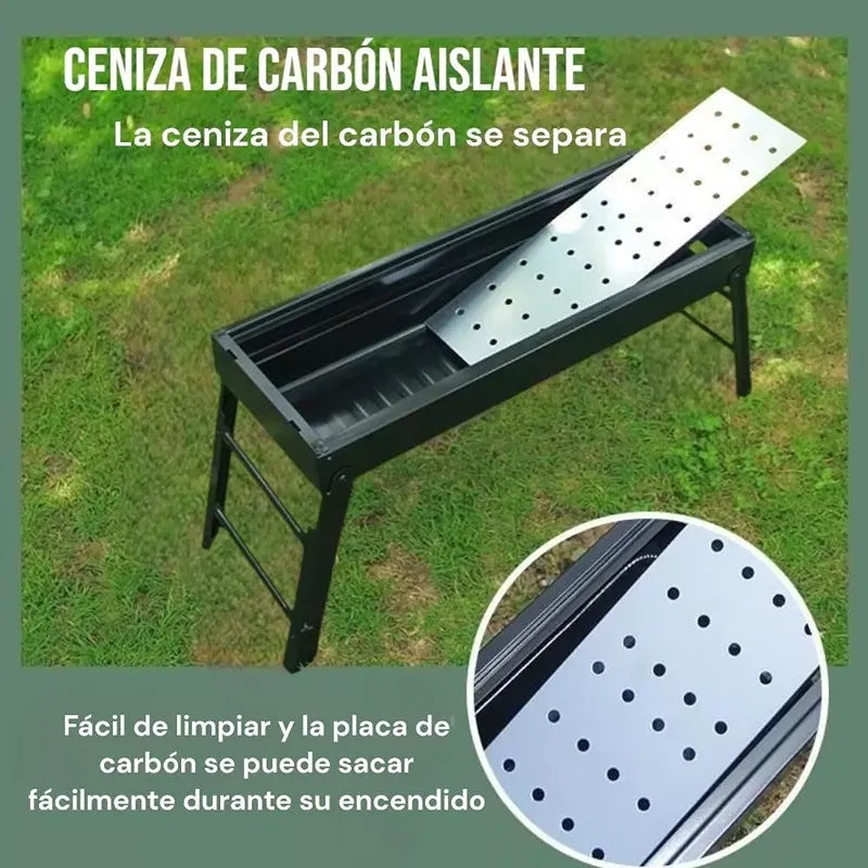 Parrilla a Carbón Plegable Portátil 60x22cm AS853 - Tipo Maletín para Camping y Asados