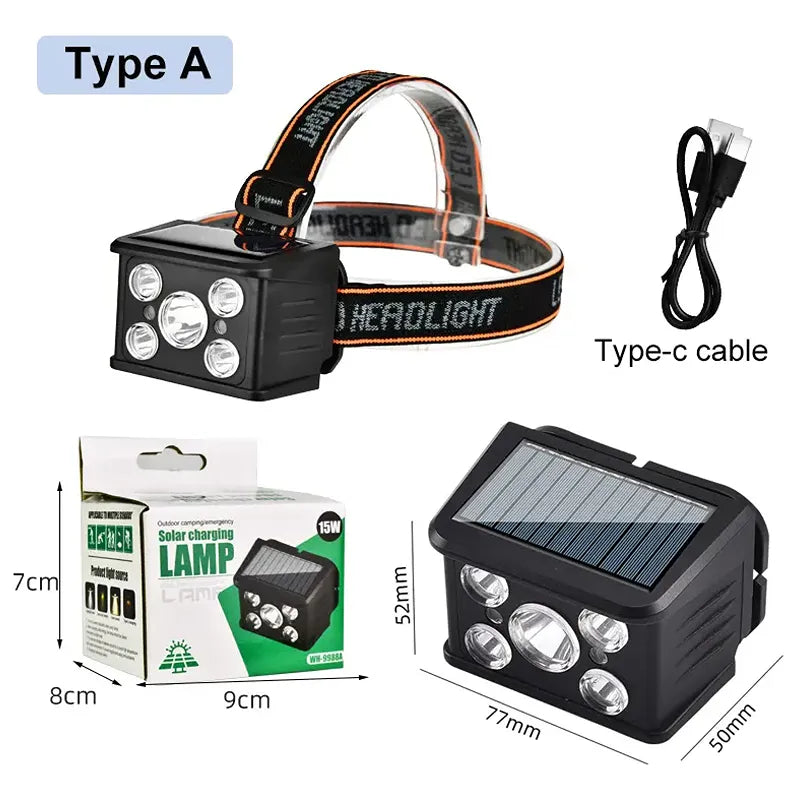 Linterna Frontal Led Solar Recargable Potente 5 Luces