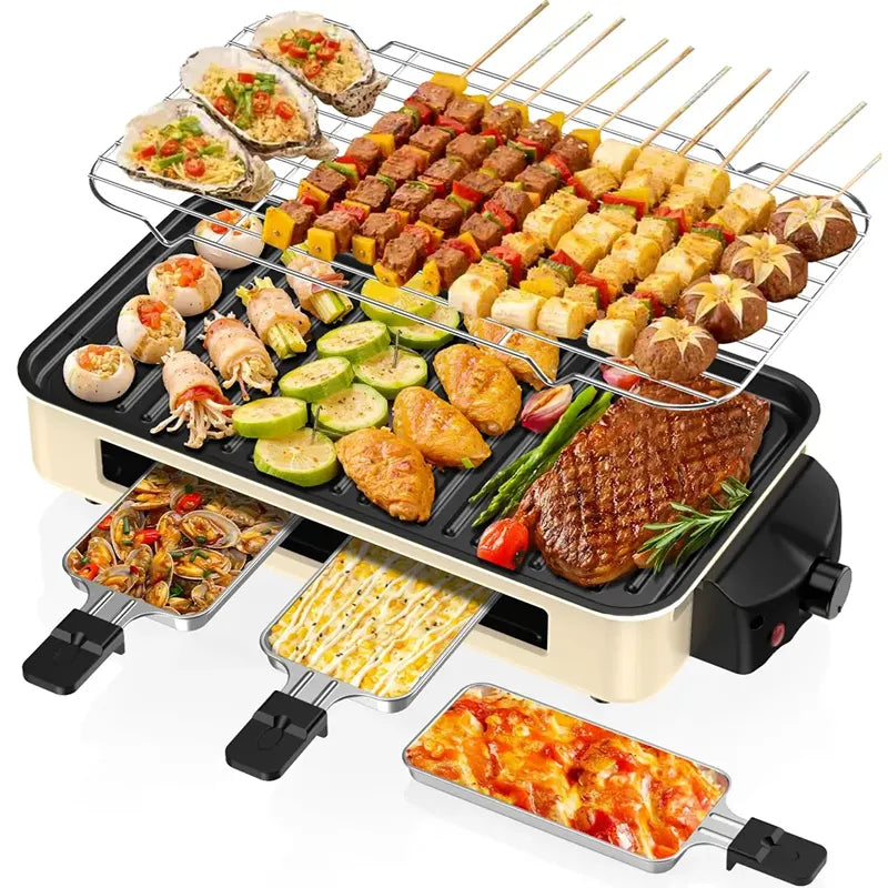 Parrilla Eléctrica Multifuncional 1500W con Raclette y Plancha Antiadherente