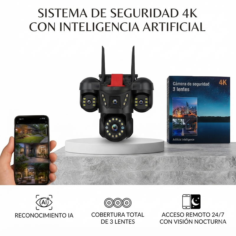 Cámara de Seguridad 4K de 3 Lentes con Inteligencia Artificial