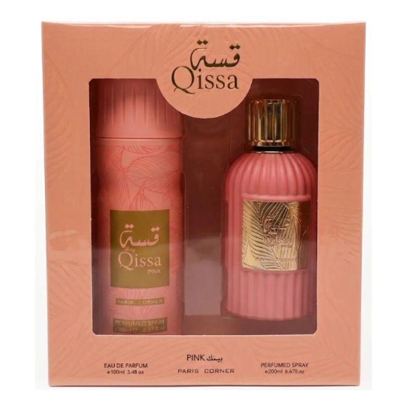 Set Perfume Qissa Pink EDP 100 ml + Perfumed Spray 200 ml Paris Corner