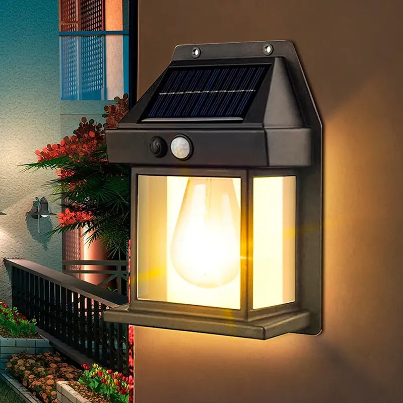 Farol Solar de Pared Exterior con Sensor de Movimiento y Ampolleta Vintage LED.
